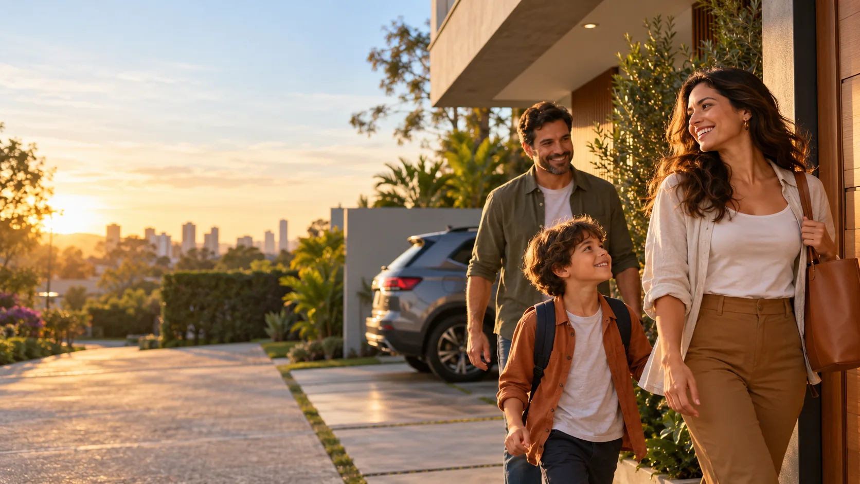 Família chegando em casa com o carro ao lado